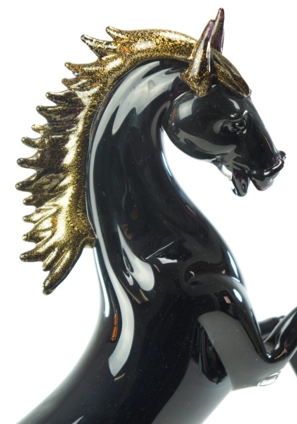 Scultura Cavallo Nero In Vetro Murano Con Oro 24kt
