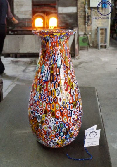 Venetian Glass Vase Tulip With Murrina Millefiori - Made Murano Glass