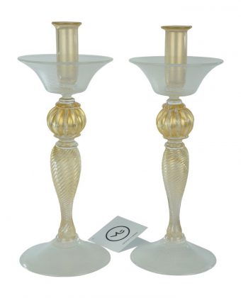 Pair Of Candles Holder In Murano Glass With Filigree And Gold 24 Carats