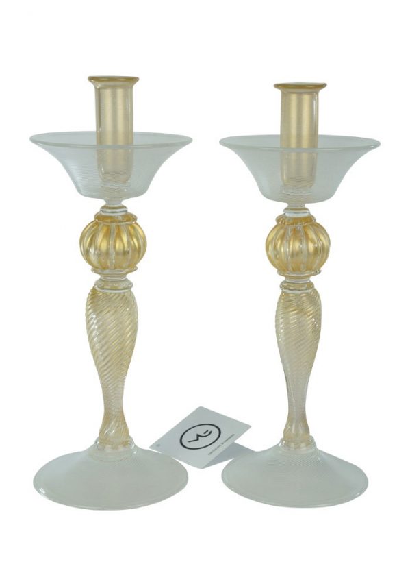 Pair Of Candles Holder In Murano Glass With Filigree And Gold 24 Carats