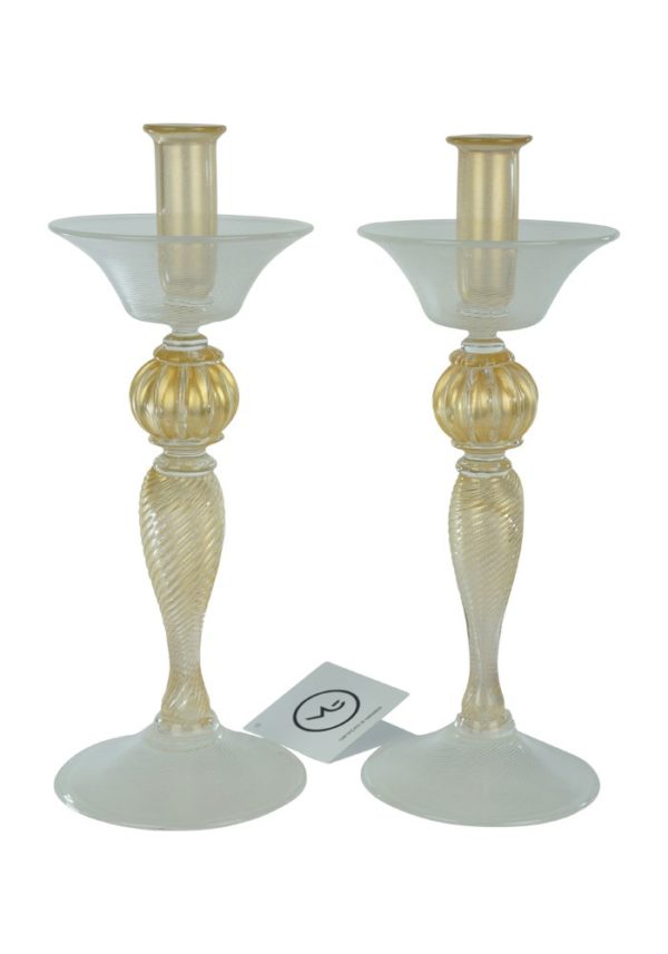 Pair Of Candles Holder In Murano Glass With Filigree And Gold 24 Carats