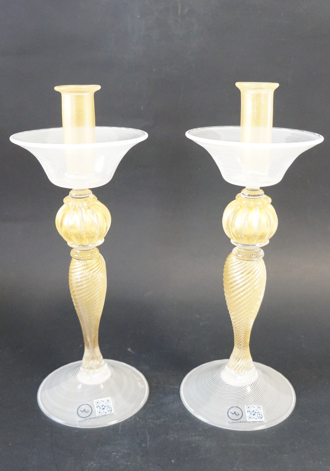 Pair Of Candles Holder In Murano Glass With Filigree And Gold 24 Carats