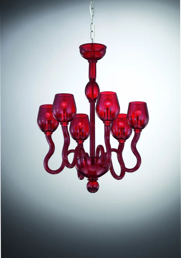 Red Murano Glass Chandelier "Roma" With 6 Lights