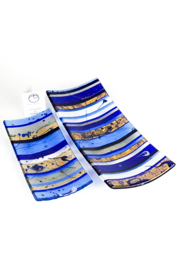 Rectangular Plate Murano Glass - Blue Bands Gold Leaf 24kt