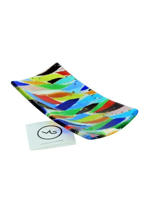 Rectangular Plate Murano Glass - Blue Bands Gold Leaf 24kt