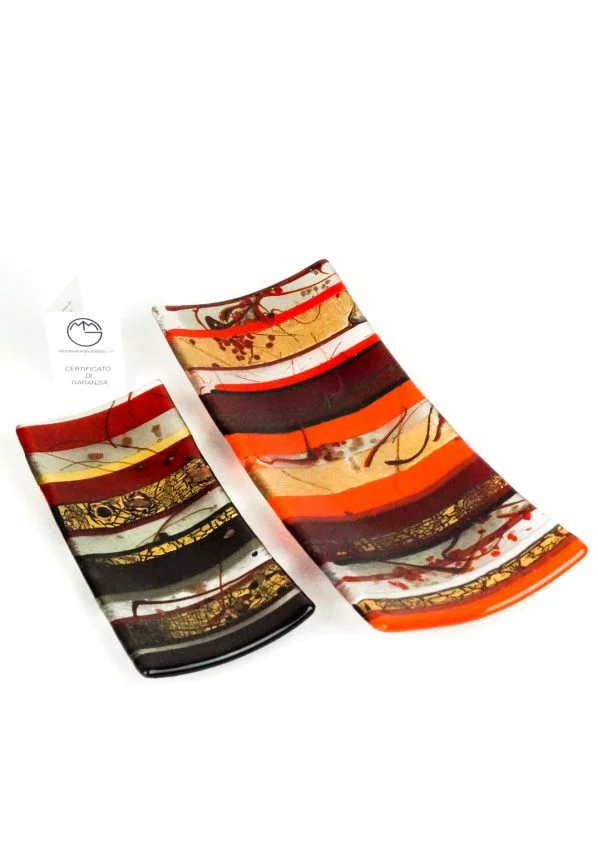 Rectangular Plate Murano Glass - Blue Bands Gold Leaf 24kt