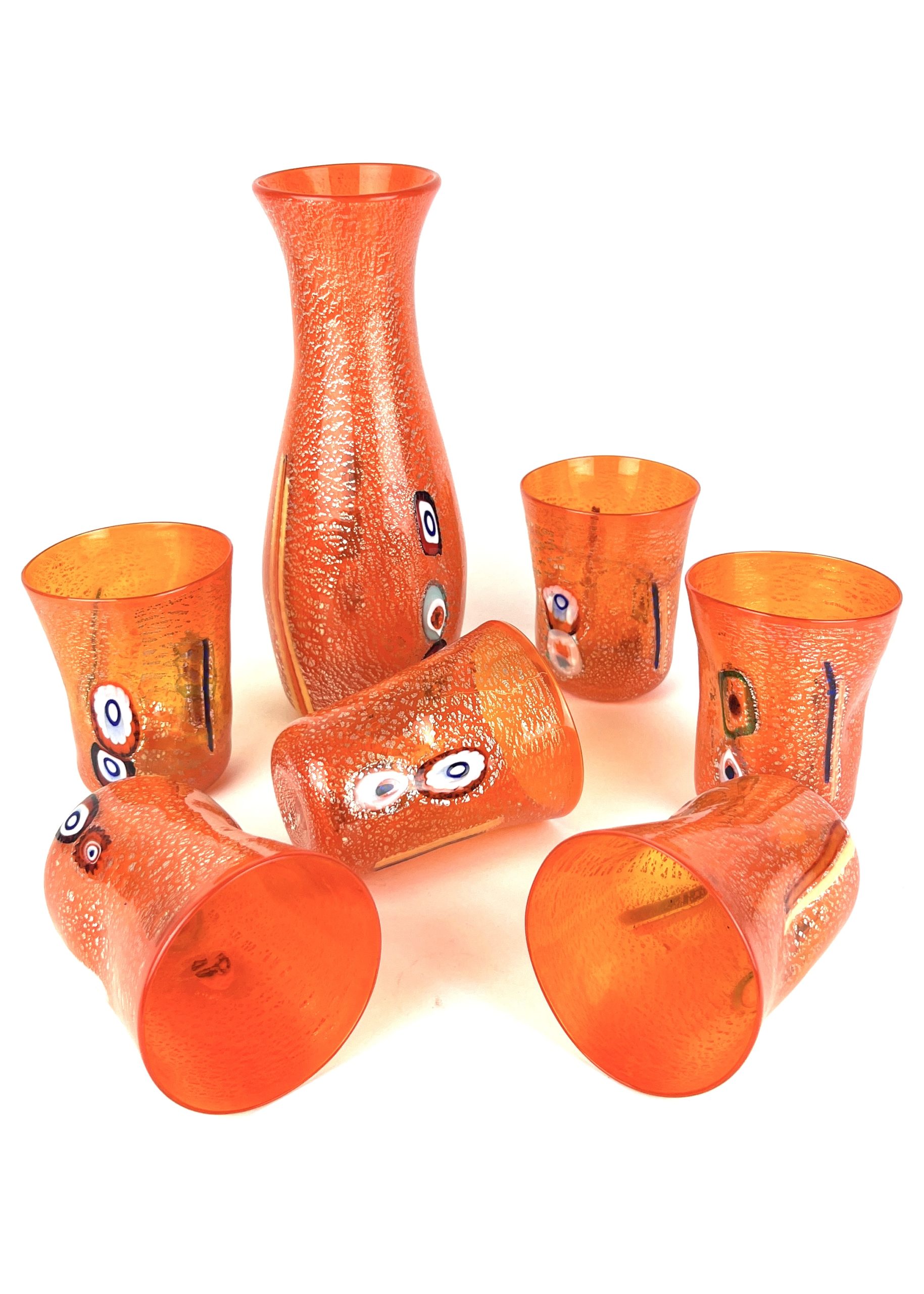 Sunset - Set Of Six Orange Murano Drinking Glasses With Jug 