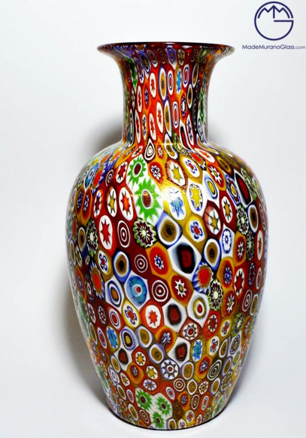 Big Murano Glass Vase With Murrina Millefiori And Gold Leaf 24kt