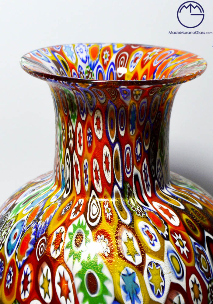Big Murano Glass Vase With Murrina Millefiori And Gold Leaf