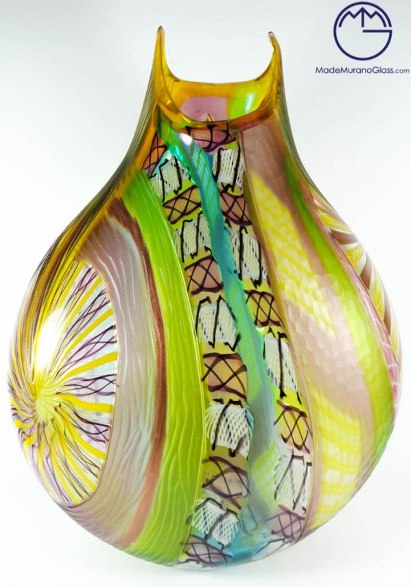 Ines - Green Yellow Murano Vase Engraved