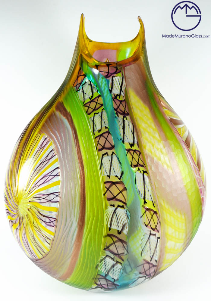 Ines - Green Yellow Murano Vase Engraved - Made Murano Glass