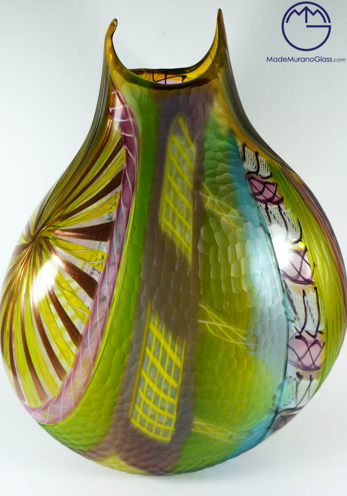 工芸品 Murano Glass Vase (Green & Yellow) Dissette - Green Murano Glass Vase 