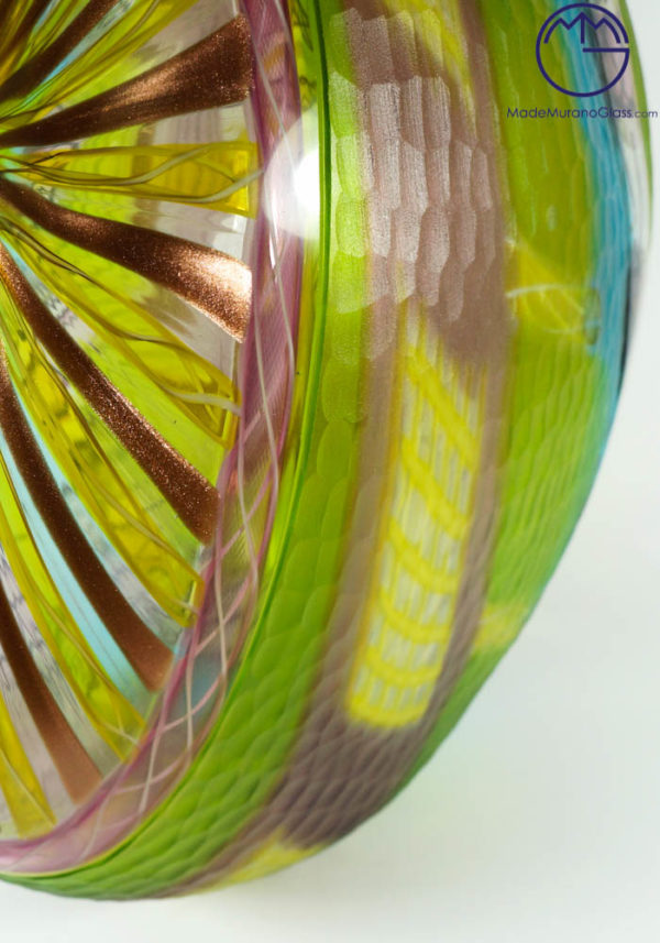 工芸品 Murano Glass Vase (Green & Yellow) Ines - Green Yellow Murano Vase Engraved - Made Murano Glass