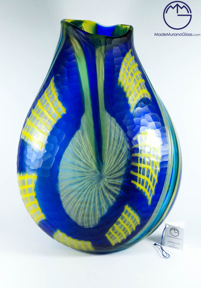 Exclusive Venetian Glass Vase Engraved -MURANO Art Glass- Made