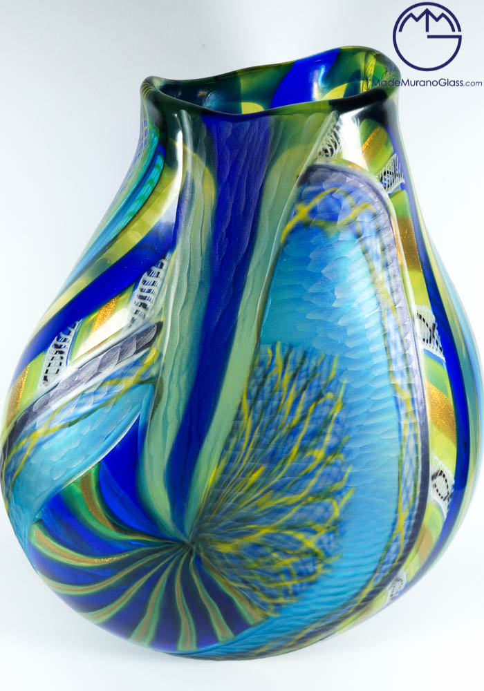 Exclusive Venetian Glass Vase Engraved -MURANO Art Glass- Made