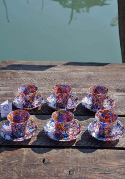 Set Of 6 Coffee Murano Glasses With Plate With Murrina And Gold