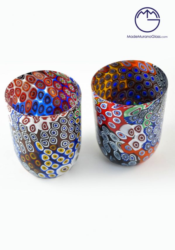 Set Di 2 Bicchieri Vetro Murano “Patchwork” Con Murrina Millefiori