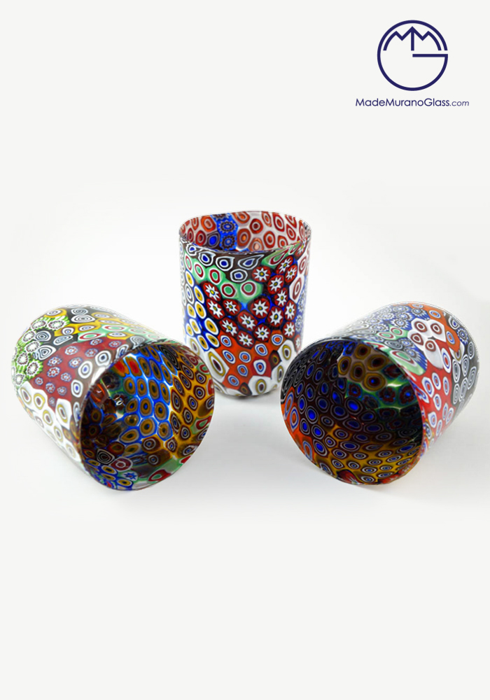Set Di 3 Bicchieri Vetro Murano “Patchwork” Con Murrine Millefiori