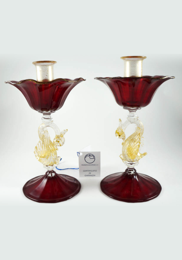 Pair Of Candles Holder In Murano Glass And Gold 24 Carats