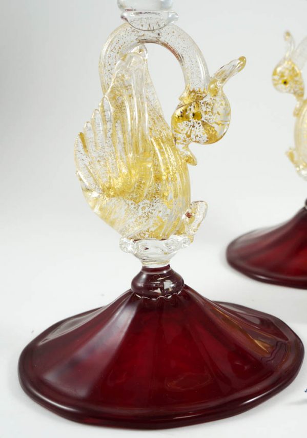 Pair Of Candles Holder In Murano Glass And Gold 24 Carats