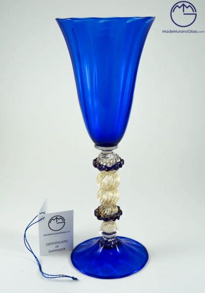 Venetian Glass Blue Goblet With Gold 24 Carats – Murano Wine Glasses