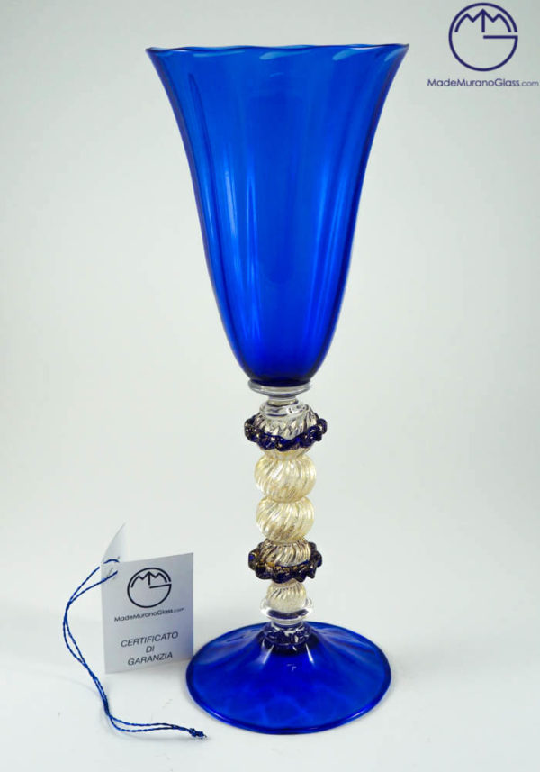 Venetian Glass Blue Goblet With Gold 24 Carats - Murano Wine Glasses