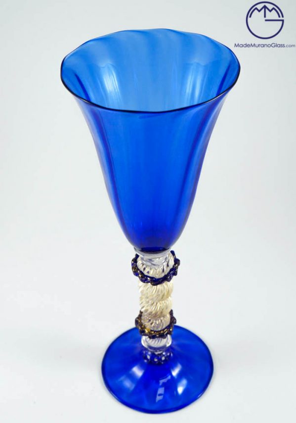Venetian Glass Blue Goblet With Gold 24 Carats - Murano Wine Glasses