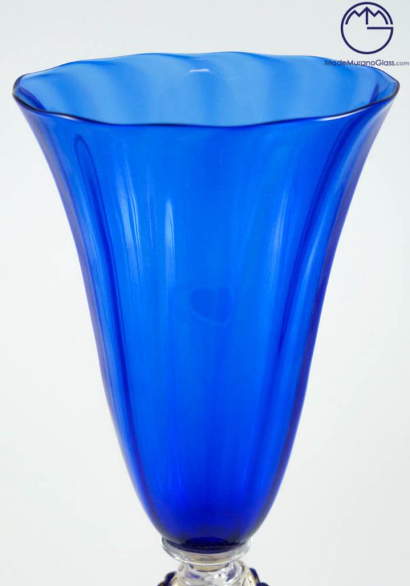 Venetian Glass Blue Goblet With Gold 24 Carats - Murano Wine Glasses