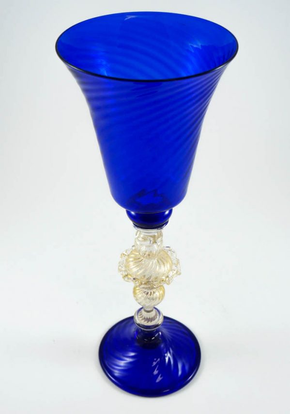 Venetian Glass Blue Goblet With Gold 24 Carats - Murano Art Glass