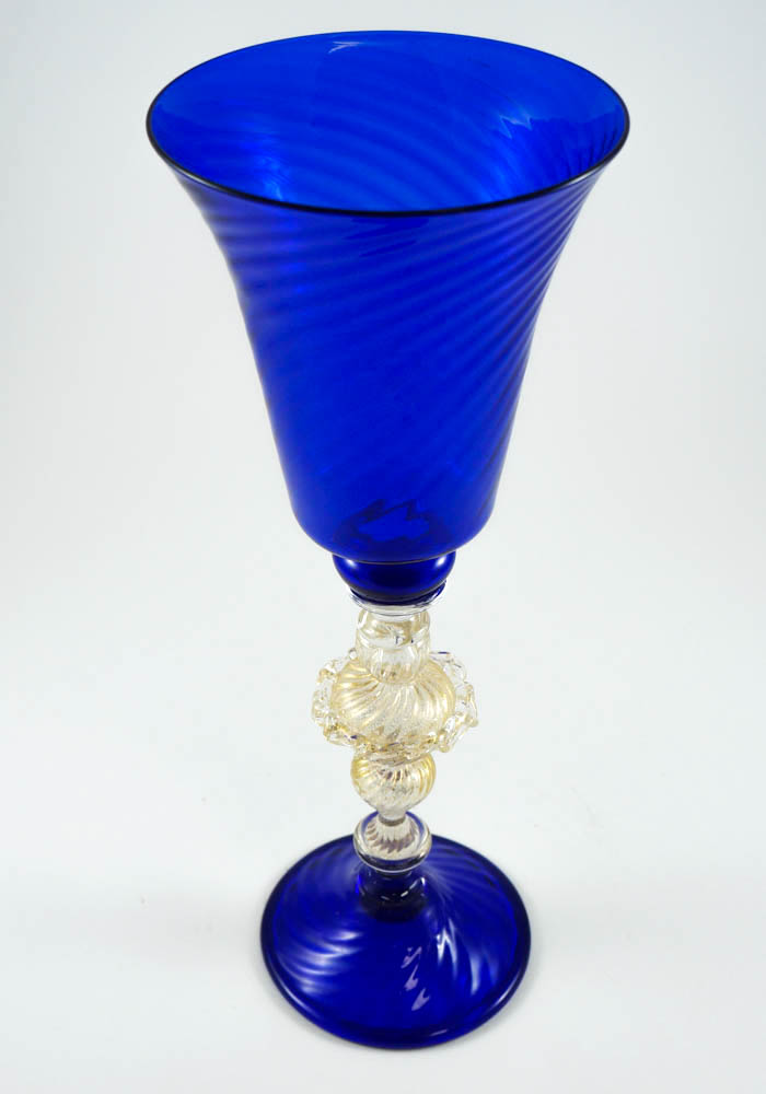 Glass Blue Goblet With Gold 24 Carats Murano Art Glass