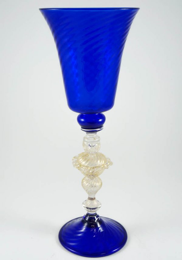 Venetian Glass Blue Goblet With Gold 24 Carats - Murano Art Glass