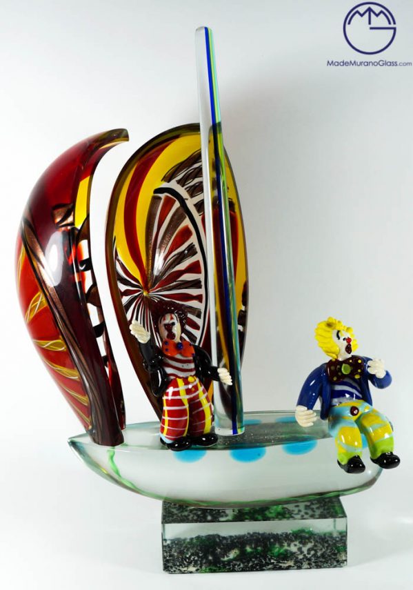 Murano Glass Sailboat With Clowns - Venetian Glass