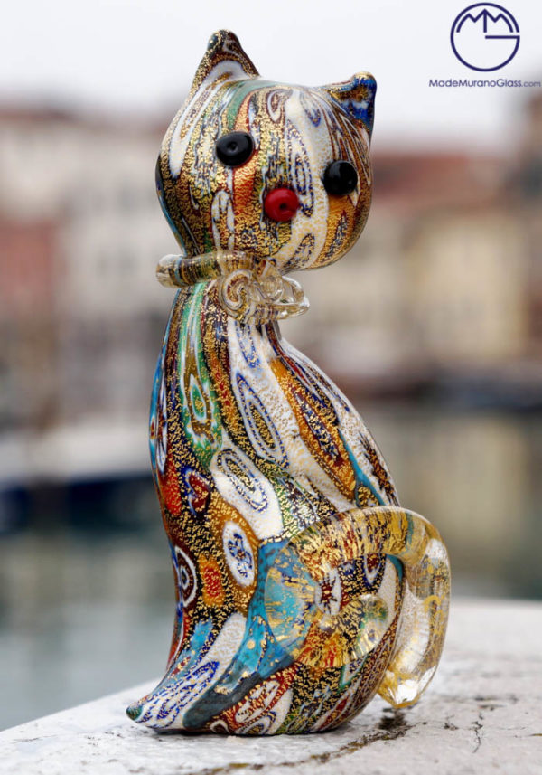 Murano Glass Animals - Cat With Murrina And Gold Leaf 24kt - Made