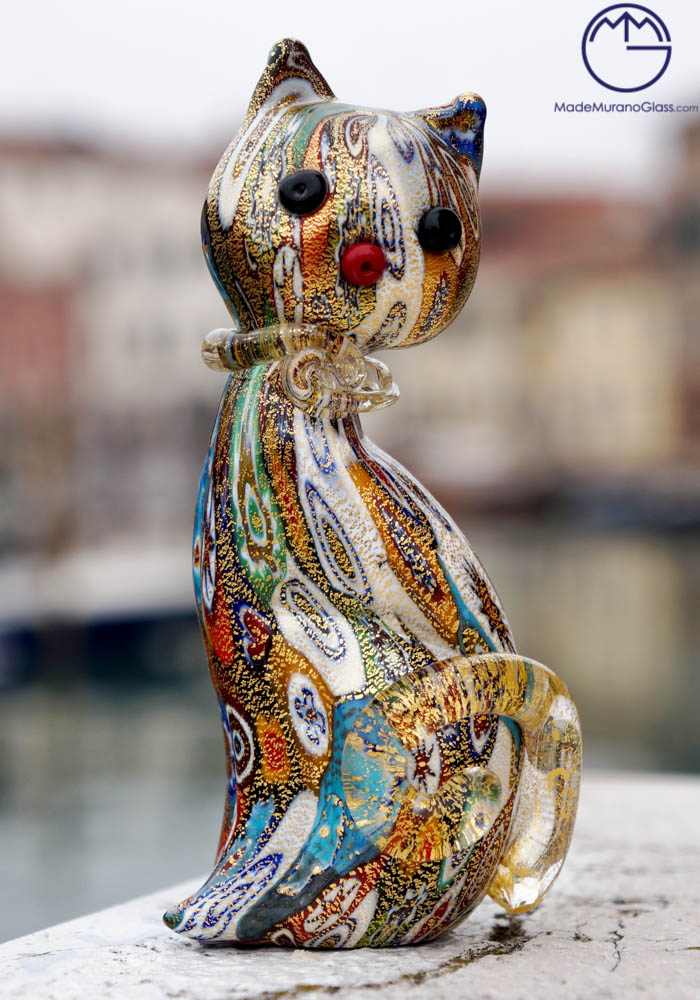 Murano Glass Animals - Cat With Murrina And Gold Leaf 24kt - Made Murano  Glass