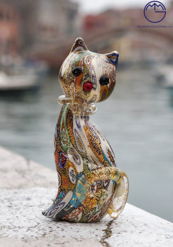 Murano Glass Animals - Cat With Murrina And Gold Leaf 24kt