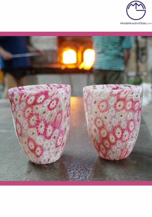 Set Of 2 Murano Drinking Glasses With Murrina Millefiori Pink And White