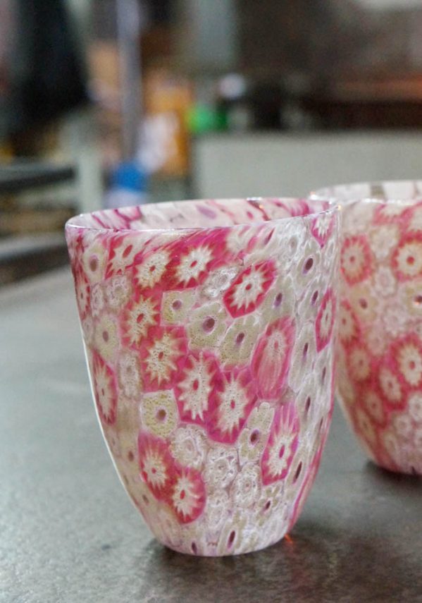 Set Of 2 Murano Drinking Glasses With Murrina Millefiori Pink And White