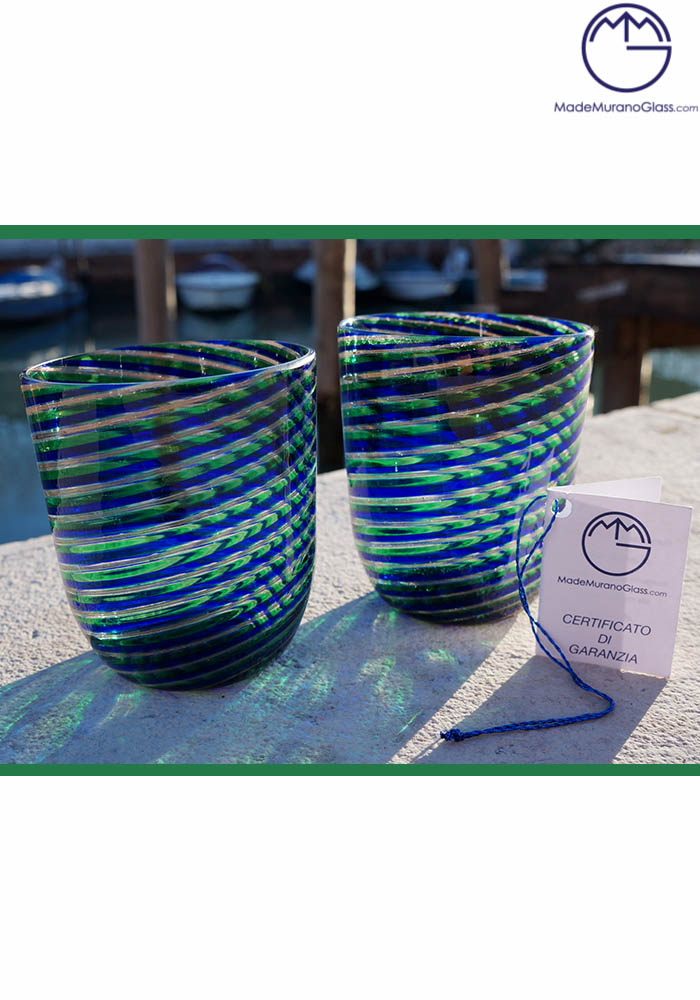 Set Of 2 Murano Drinking Glasses Blue And Avventurina - Venetian Blown Glass