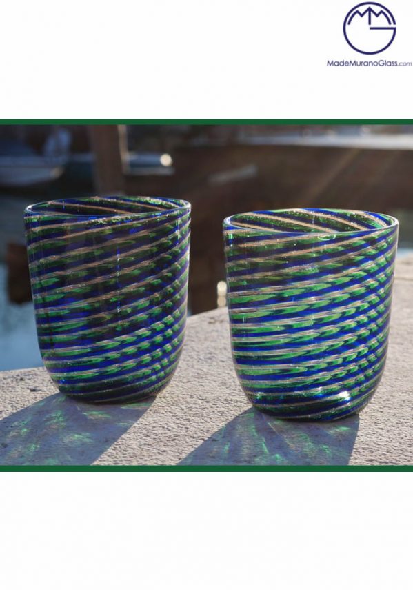 Set Di 2 Bicchieri Vetro Murano In Canna Blue E Avventurina