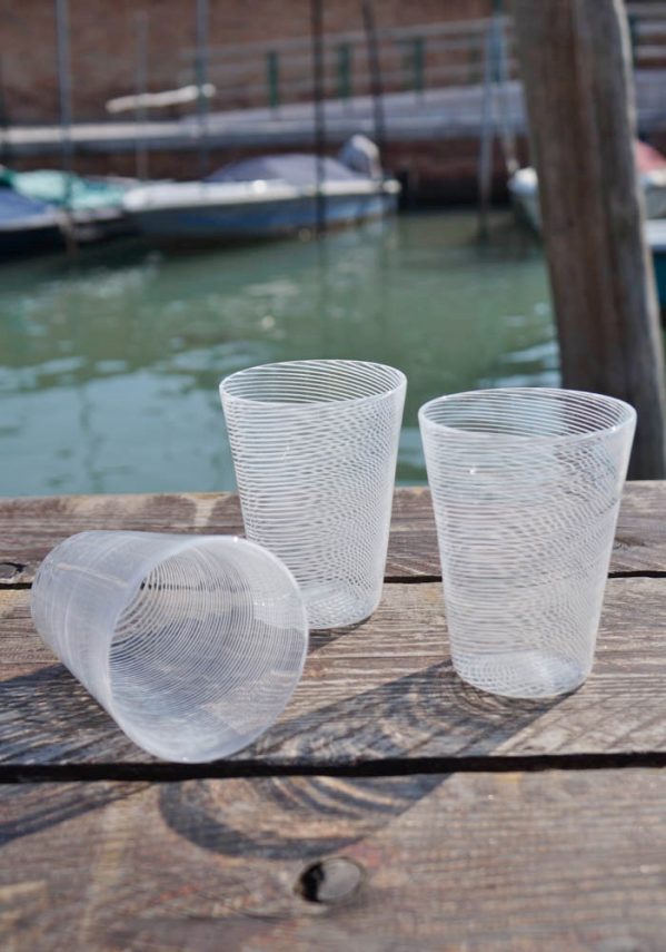 Set Of 3 Murano Drinking Glasses With Filigrana - Murano Art
