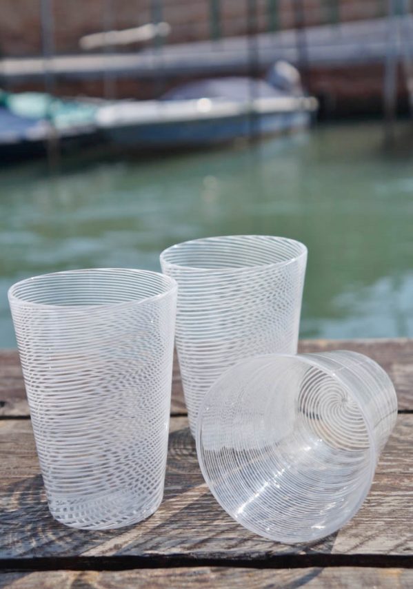 Set Of 3 Murano Drinking Glasses With Filigrana - Murano Art