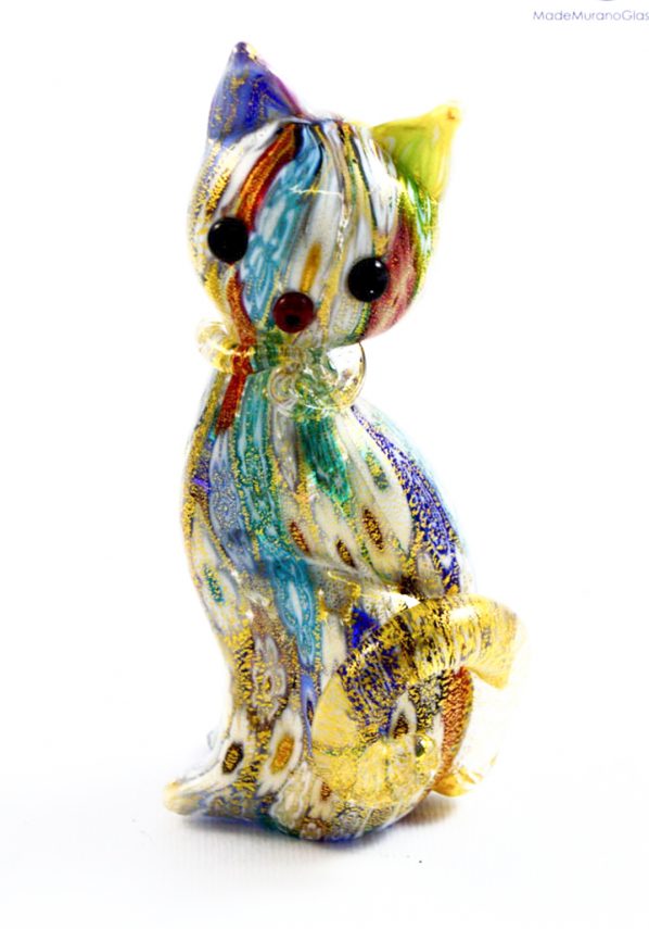 Murano Glass Animals - Cat With Murrina And Gold Leaf 24 Carats