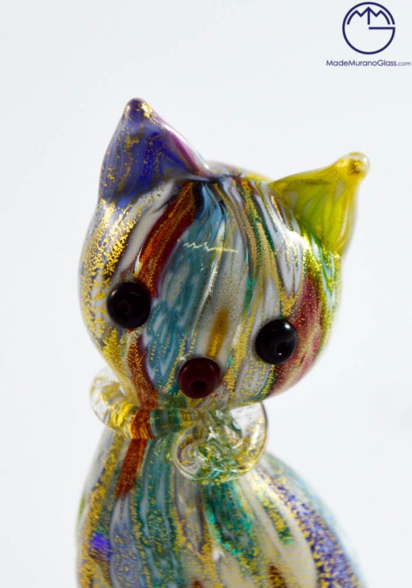 Murano Glass Animals - Cat With Murrina And Gold Leaf 24 Carats