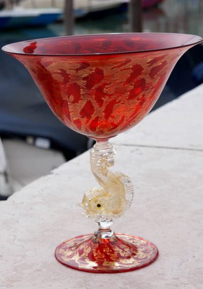 Venetian Glass Red Goblet With Gold 24kt - Murano Collection