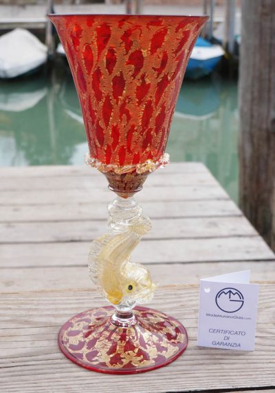 Venetian Glass Red Goblet With Gold 24 Carats - Murano Glass