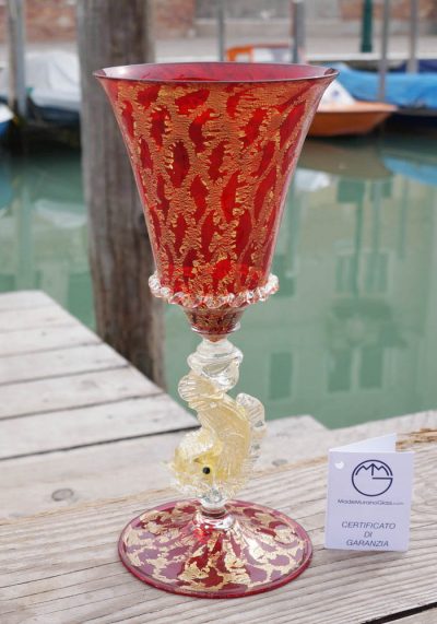 Venetian Glass Red Goblet With Gold 24 Carats – Murano Glass