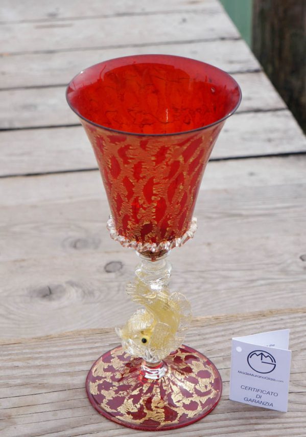 Venetian Glass Red Goblet With Gold 24 Carats - Murano Glass
