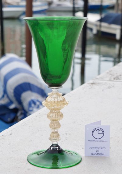 Set of 6 Murano Glass Green Goblets With Gold 24Kt