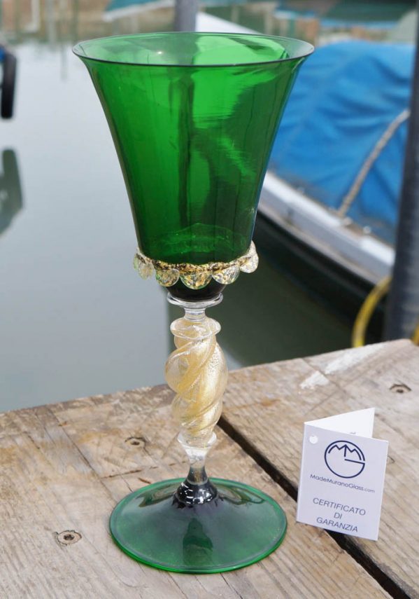 Venetian Glass Green Goblet With Gold 24 Carats - Venetian Blown Glass