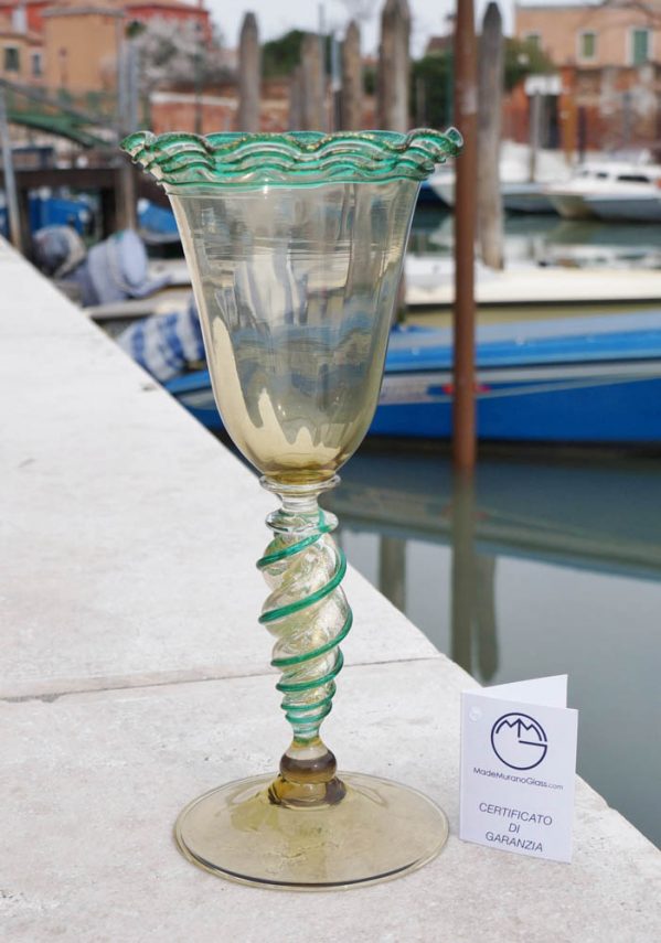 Venetian Glass Smoky Grey Goblet With Gold 24 Carats - Murano Glass